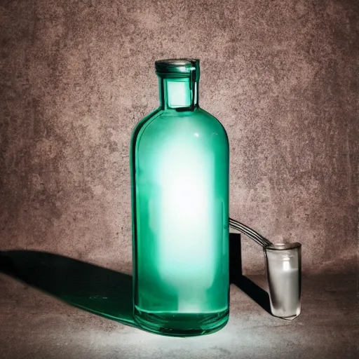 Prompt: a magazine photo of a translucent glass vodka bottle in the style of a propane cylinder with fire surrounding it