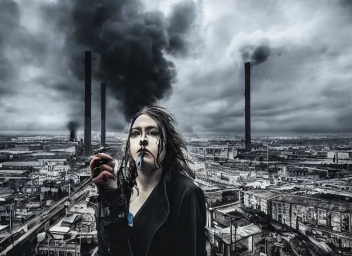 Image similar to mysterious sad rotten girl wrapped in smoke observing a big industrial city metropoli in the distance, cloudy sky, highly detailed, detailed face, intricate complexity, epic composition, magical atmosphere, cinematic lighting, masterpiece, color picture, ultra hd