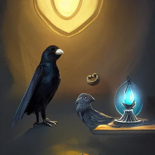 Image similar to a thief and his pet crow sneaking into a reliquary at night, digital painting, artstation, sharp,