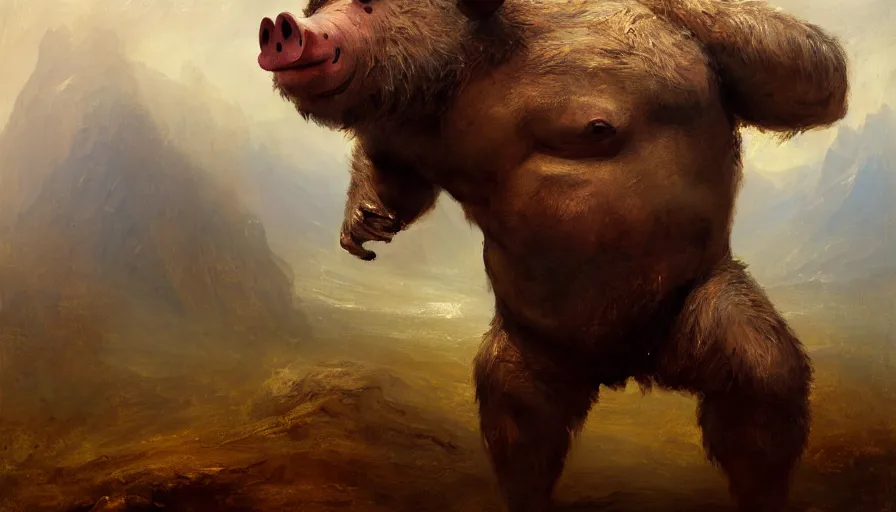 Prompt: highly detailed painting of a humanoid half bear half man pig creature by william turner, by greg rutkowski, by william constable, thick brush strokes and visible paint layers, 4 k resolution