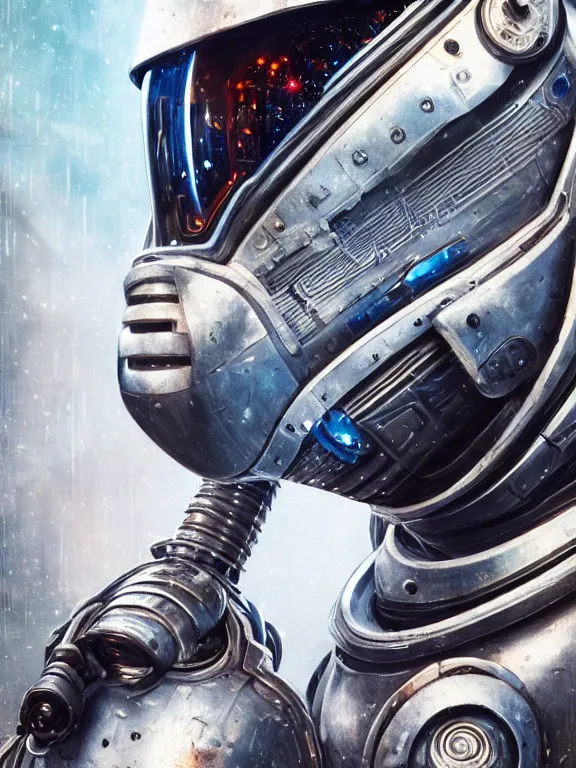 Prompt: portrait art of 8k ultra realistic retro futuristic astronaut , galaxy reflected helmet , detailed intricate ornate armour,blade runner, cybernetic, full of colour, cinematic lighting, battered, trending on artstation, 4k, hyperrealistic, focused, extreme details,unreal engine 5, cinematic, masterpiece, art by ayami kojima, giger