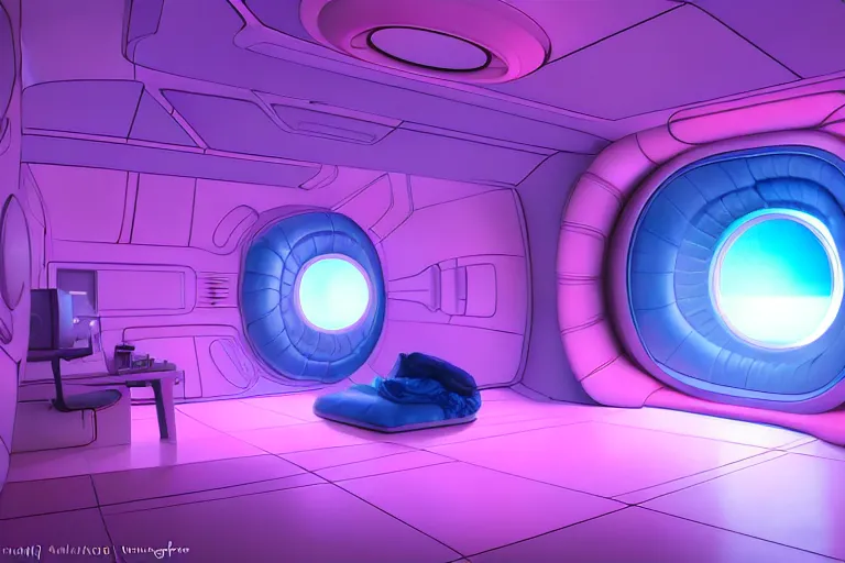 Prompt: realistic illustration of a sleep pod, central perspective, room with alien biomech techonlogical cabled cubicle at the!!! center!!! of the image, pink, blue studio light, volumetric light, artstation, artgerm, hiroaki samura, jiro matsumoto, murata, unreal engine, sharp focus high quality 8 k