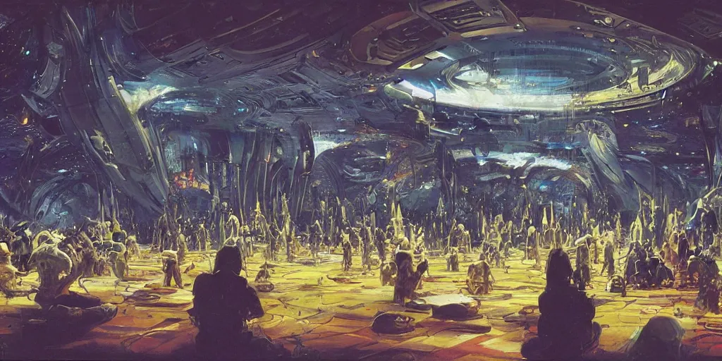 Prompt: aliens praying in a futuristic church, concept art by Ralph McQuarrie, by John Berkey, oil on canvas, highly detailed, science fiction