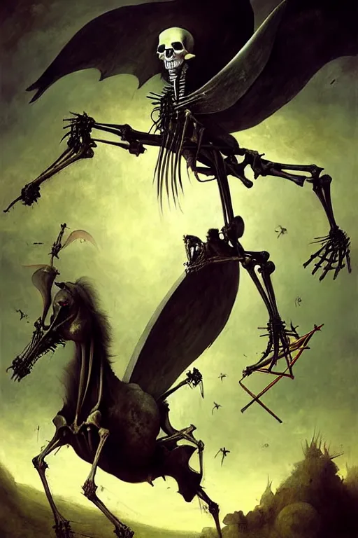 Prompt: hieronymus bosch, greg rutkowski, anna podedworna, painting of a flying evil skeletal horse