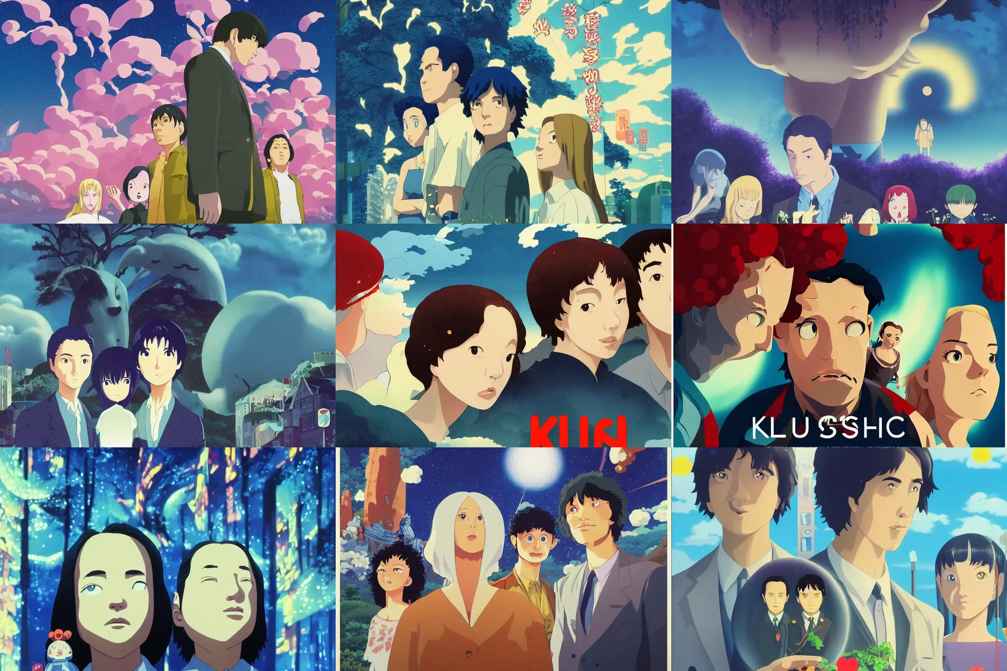 Prompt: a tv show about a tv show solving epic mysteries, Klaus Movie poster, movie still, artwork by Chiho Aoshima, a oil Rendering illustration of a cinematic beautiful closeup moment of three friends standing facing toward their love, full of details, full view, Matte painting, trending on artstation, Mamoru hosoda