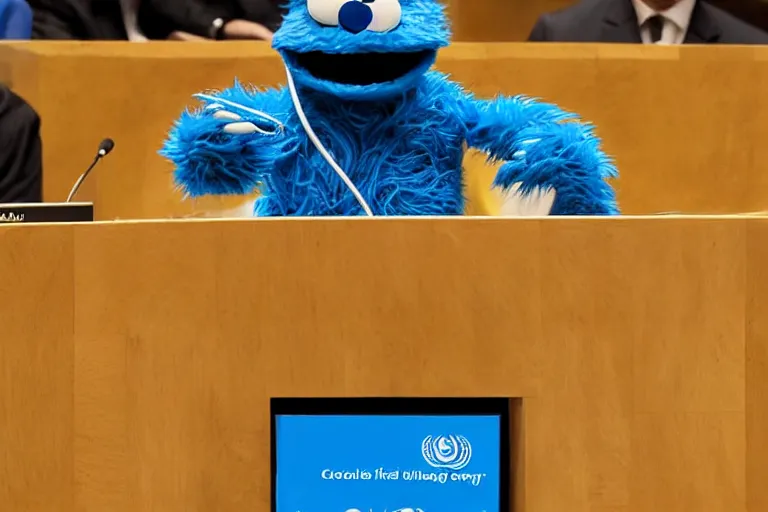 Image similar to Cookie Monster gives a talk at the UN, stood at the podium