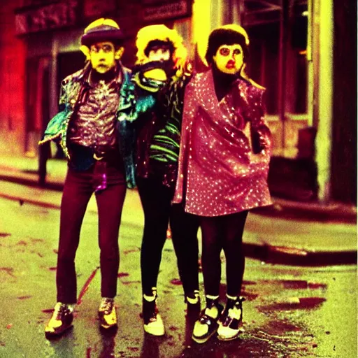 Prompt: night flash color portrait photography of punk kids on the lower east side by diane arbus, colorful!, nighttime!, raining!