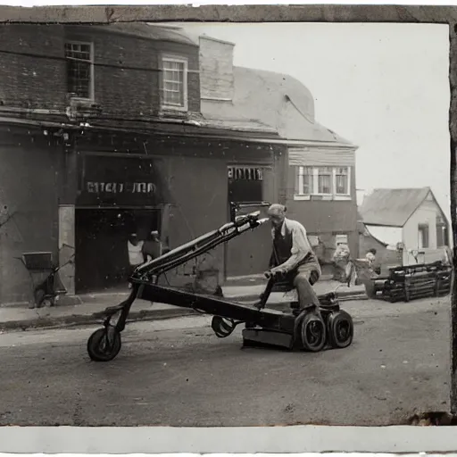 Image similar to photograph of an eldery gentleman towing a howitzer! artillery! with a mobility scooter on a street