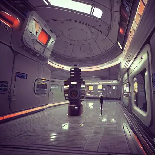 Image similar to “walking through a space station terminal in the architectural style of Alien Isolation. Noticing the attention to detail in the retro futuristic aesthetic”