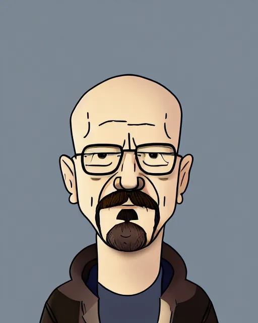 Image similar to portrait of walter white in the style of justin roiland. heisenberg from breaking bad. cinematic lighting. style of rick & morty. photographic, photography. by justin roiland