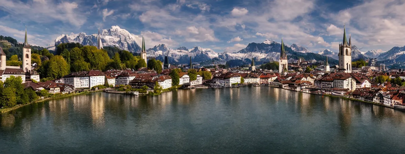 Image similar to Photo of Zurich, looking down the river at the lake and the alps, Hardturm, Grossmünster, wide angle, volumetric light, hyperdetailed, mountain water, artstation, cgsociety, 8k