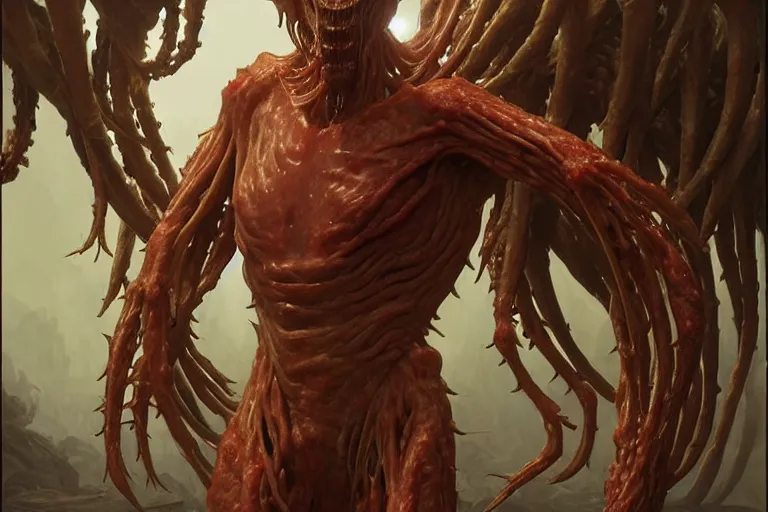 Image similar to creature made out of a humanoid nervous system with large meaty spikes all over the body, cinematic, volumetric lighting, f 8 aperture, cinematic eastman 5 3 8 4 film, photorealistic by greg rutkowski, by stanley artgerm, by alphonse mucha