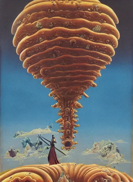 Image similar to a queen on top of a giant tardigrade retro japanese monster slimy leather, oil painting, 7 0 s vintage art, by georgia o keeffe, by kay nielsen, by gustave dore, by frank frazetta, nausicaa