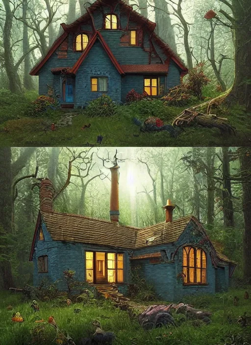 Prompt: hyper realistic homely ornate modern witch cottage far away in the woods gorgeous lighting, blue sky, highly detailed, lush forest by zdzisław beksinski and norman rockwell and greg rutkowskiweta studio, and lucasfilm