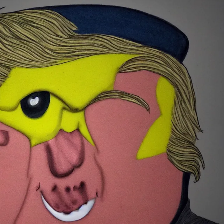 Prompt: a cartoon face, in the likeness of Donald Trump, with glowing yellow eyes, in style of Tom Bagshaw