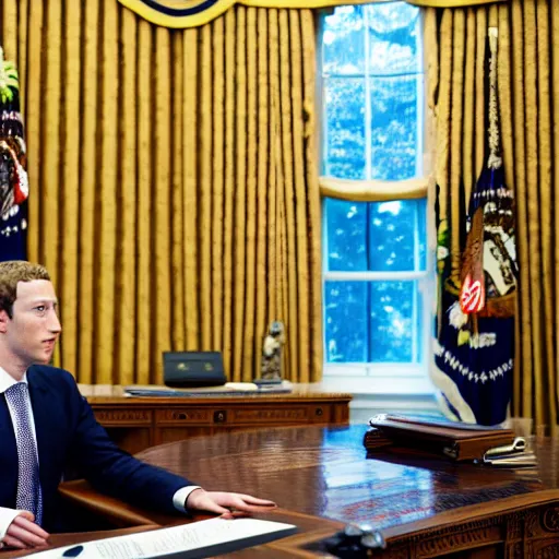 Image similar to Mark Zuckerberg the president of the united states sitting in the oval office, closeup, EOS-1D, f/1.4, ISO 200, 1/160s, 8K, RAW, unedited, symmetrical balance, in-frame, Photoshop, Nvidia, Topaz AI