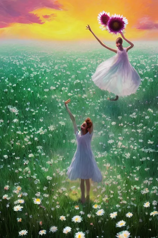 Image similar to giant white daisy flower as head, girl dancing in a flower field, surreal photography, sunrise, dramatic light, impressionist painting, colorful clouds, digital painting, artstation, simon stalenhag