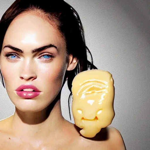 Image similar to mayonnaise in the shape of a human face, human face made out of mayonnaise, megan fox made out of mayonnaise!!!!!, professional food photography, unreal engine