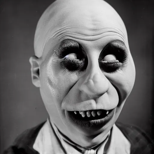Prompt: a monochrome studio portrait photograph of schlitzie the pinhead from the 1 9 3 2 movie freaks, realistic, studio lighting, dramatic