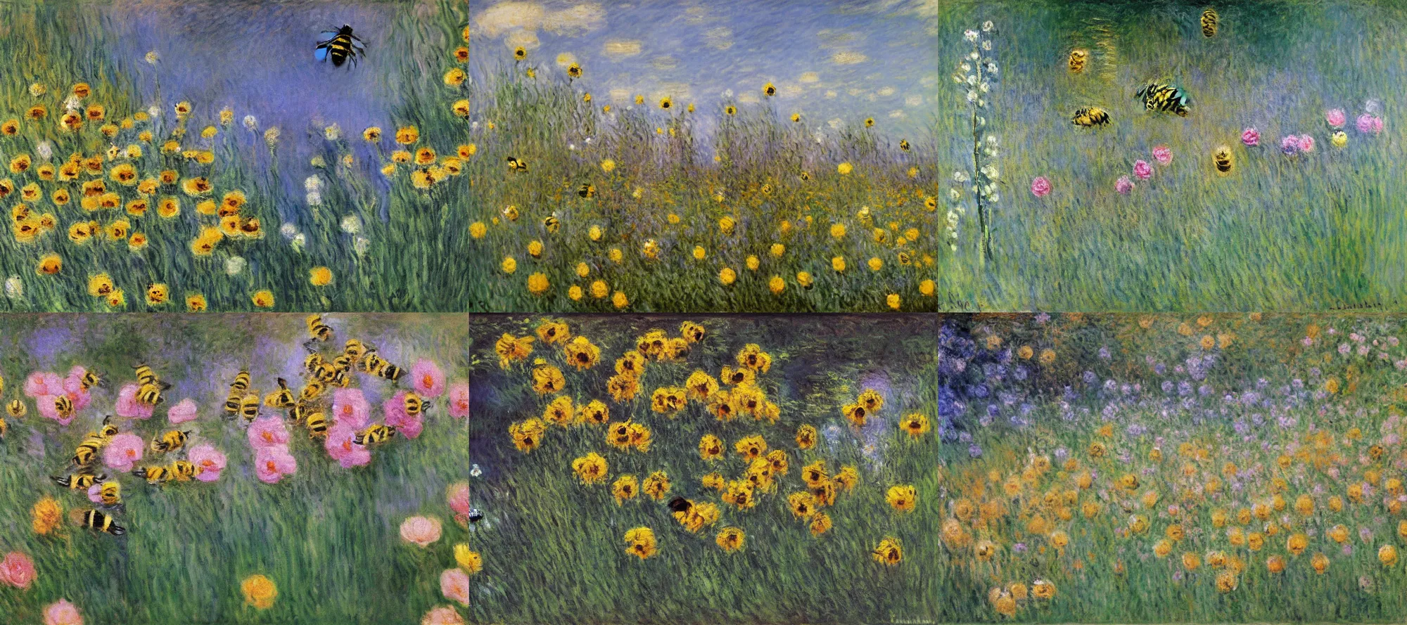 Prompt: Bumblebees on Flowers, Claude Monet, Oil on canvas, detailed brushstrokes