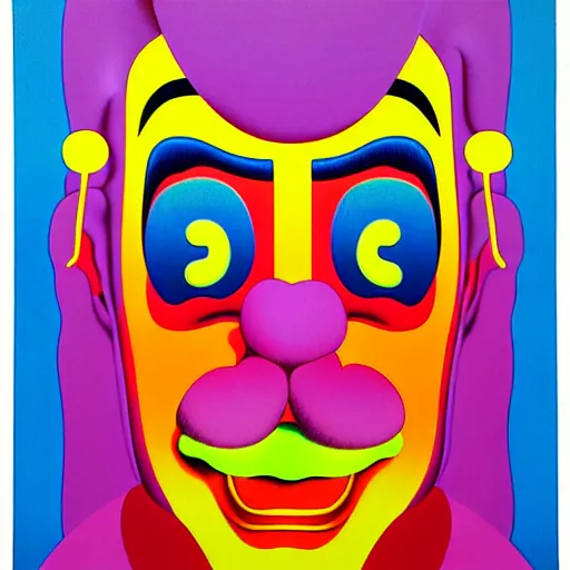 Image similar to manic clown by shusei nagaoka, kaws, david rudnick, airbrush on canvas, pastell colours, cell shaded, 8 k