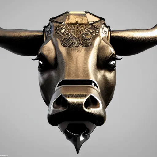 Image similar to a bull android modeled after a bull looking into the camera, android, cyborg, half body, intricate, 3 d, hyper realism, fantasy, depth of field, octane render, symmetrical, highly detailed, digital art, artstation, concept art, cinematic lighting, trending
