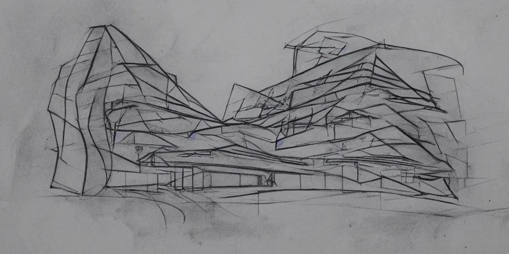 Image similar to davinci sketch technique style old paper zaha hadid building