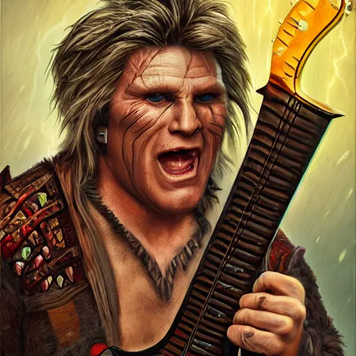 Image similar to detailed photo of a Half-orc bard portrayed by the gigachad Gary Busey with a lute, 8k,by Tristan Eaton, Stanley Artgermm, Tom Bagshaw, Greg Rutkowski, Carne Griffiths, trending on DeviantArt, face enhance, hyper detailed ,full of color, dramatic lightning, epic stance