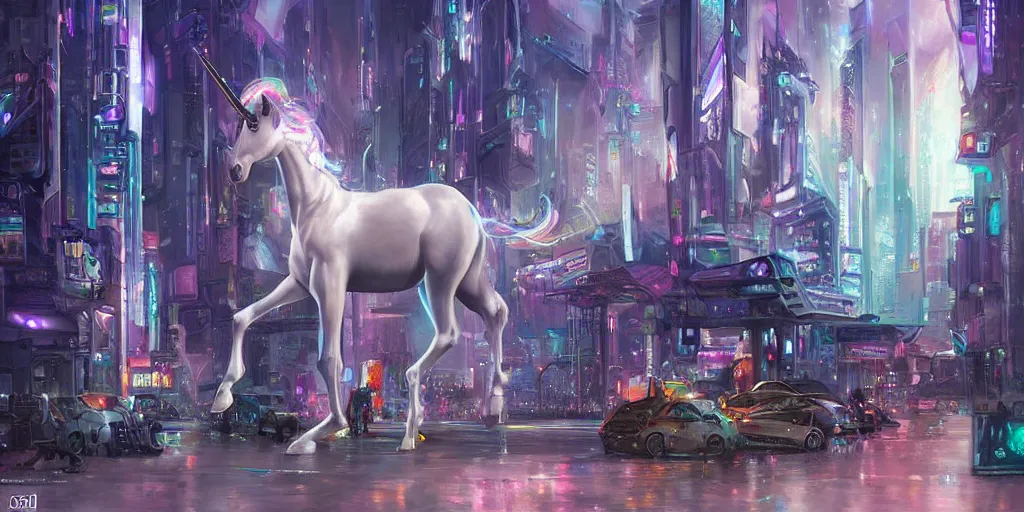 Prompt: unicorn in a futuristic cyberpunk town. By Konstantin Razumov, highly detailed