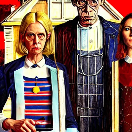 Image similar to American Gothic, with Doctor Who and the TARDIS, by MARVEL comics and Sandra Chevrier, 8k