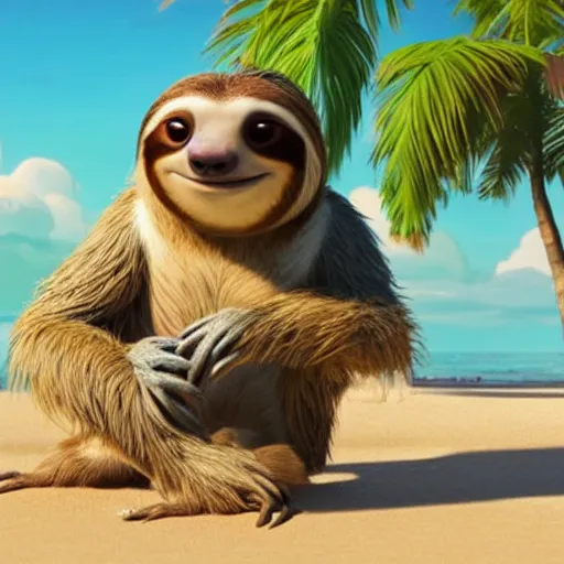 Prompt: sloth wearing a hawaiian shirt and shorts having a drink at the beach with palm trees in the style of the movie zootopia, cinematic, 4 k