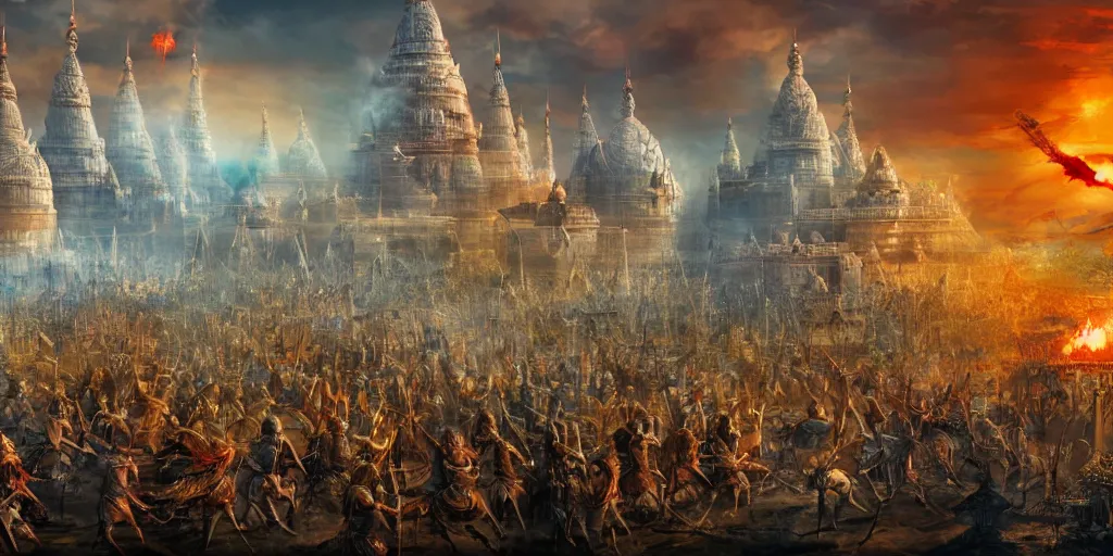 Prompt: War of Mahabharata, Futuristic, High -tech, 4k, highly detailed, matte painting