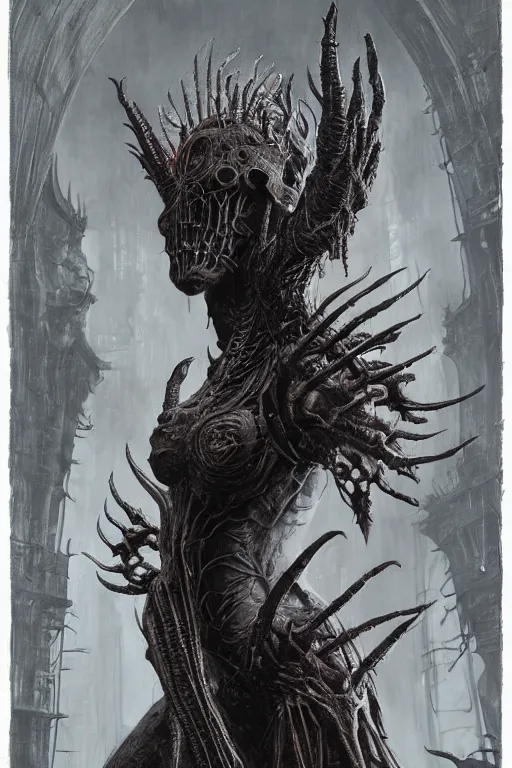 Prompt: portrait of claudia black by hr giger, greg rutkowski and wayne barlowe as a diablo, resident evil, dark souls, bloodborne monster