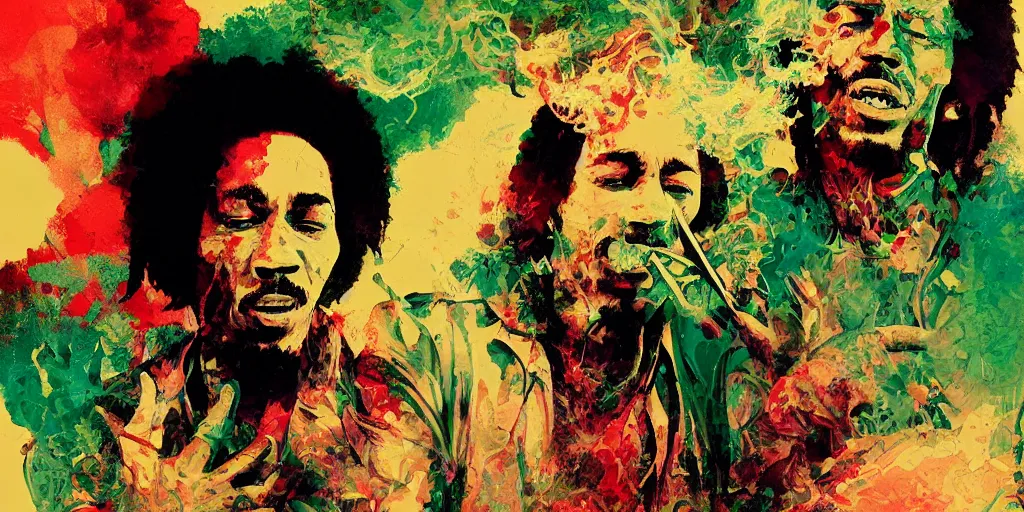 Image similar to Bob Marley and Jimi Hendrix smoking herb, very detailed, Green Smoke, large white border, hd, high resolution print :1 Red, Gold and Green by Sachin Teng, Tom Bagshaw, Greg Rutkowski, Carne Griffiths, trending on deviant art :1