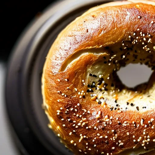 Image similar to an extreme close up of a new york city style bagel, one half with cream cheese, 80mm macro lens