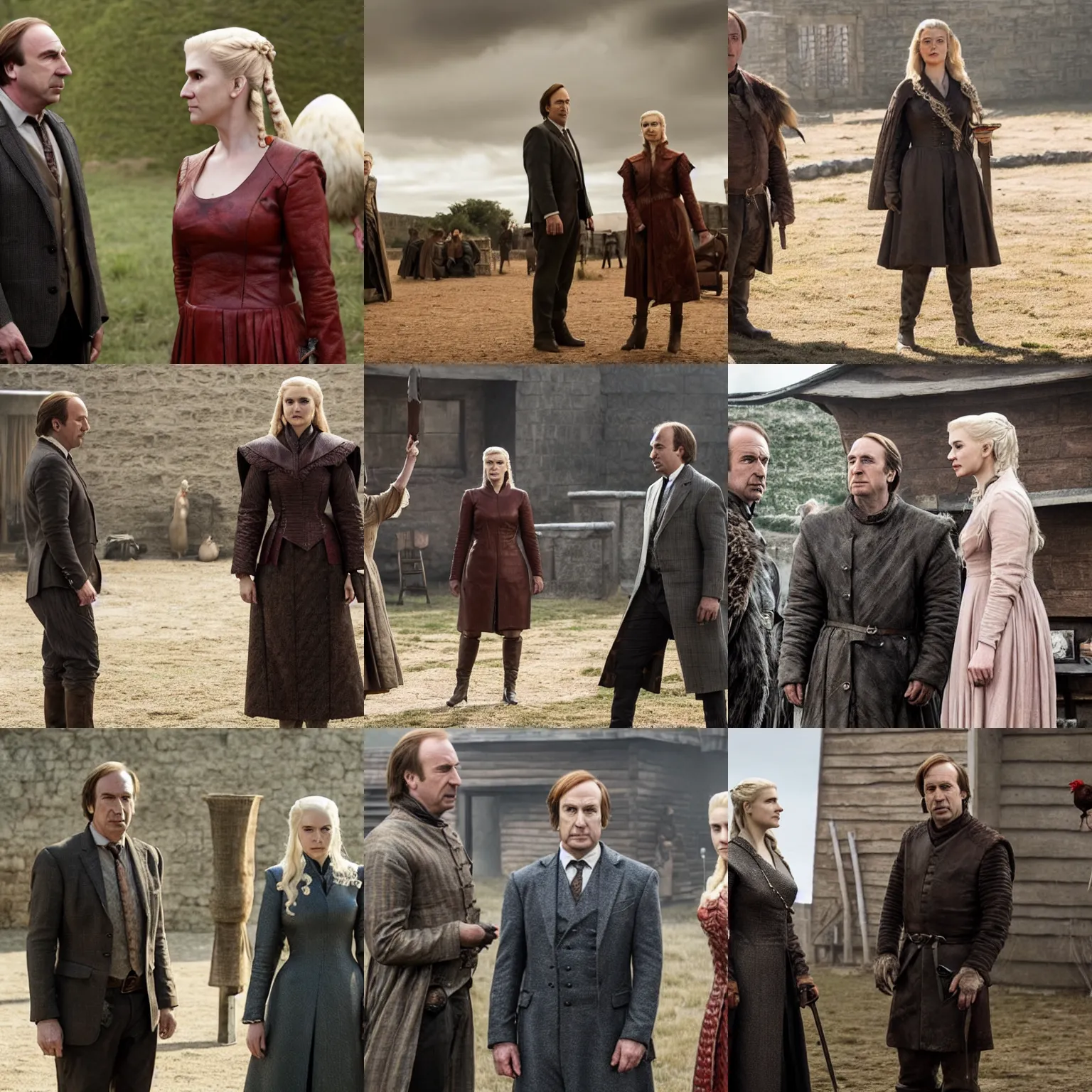 Prompt: saul goodman, kim wexler and a rooster in game of thrones