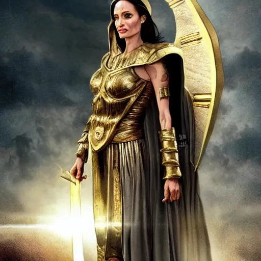 Image similar to Angelina Jolie as ancient greek woman in golden helmet, giant grey-haired bearded Liam Neeson face in the sky, epic fantasy style art, fantasy epic digital art