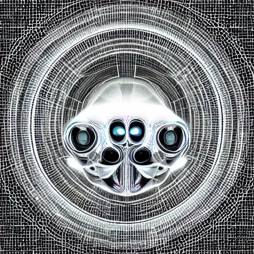 Image similar to an insanely detailed cibernetic artwork of a futuristic artificial intelligence superstar, centered image, perfectly symmetrical alien face, with frames made of detailed fractals, octsne render, 4k, insanely detailed, detailed grid as background, cgi