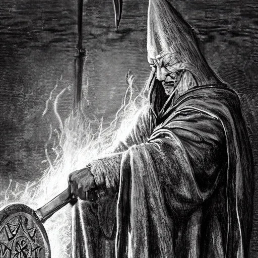 Prompt: the evil ian mckellen smithing on an anvil as gandalf in a dark viking hood playing odin all father crafting a neural network with golden synapses on an anvil with fire, highly detailed, cinematic shot, cinematic lighting, 8 k, exquisit facial detail, painting by gustave dore