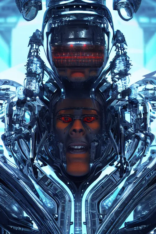 Image similar to a shamanic cyborg made from intricate alien technology with the face of the weeknd in futuristic dreamscape detailed artwork, extremely detailed and high quality, global illumination, octane render, digital art trending on artstation