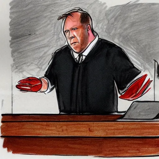 Image similar to alex jones courtroom sketch court trial dancing lobsters