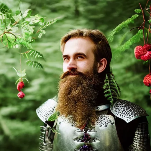 Image similar to a male knight with beard, stern face, clear eyes, shining armour made of steel, and fractal flowery hair in a fractal garden, glowing delicate flower, berries and ferns that grow in a dark flowering fantasy forest, full frame,