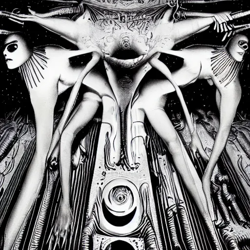 Image similar to post - punk new age album cover, magic, apocalypse, psychedelic, black white pink, magic, giger h. r.