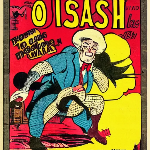 Prompt: Ostrich-man, golden age comic book cover illustration