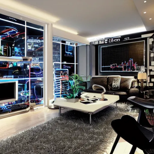Prompt: a cyberpunk themed living room