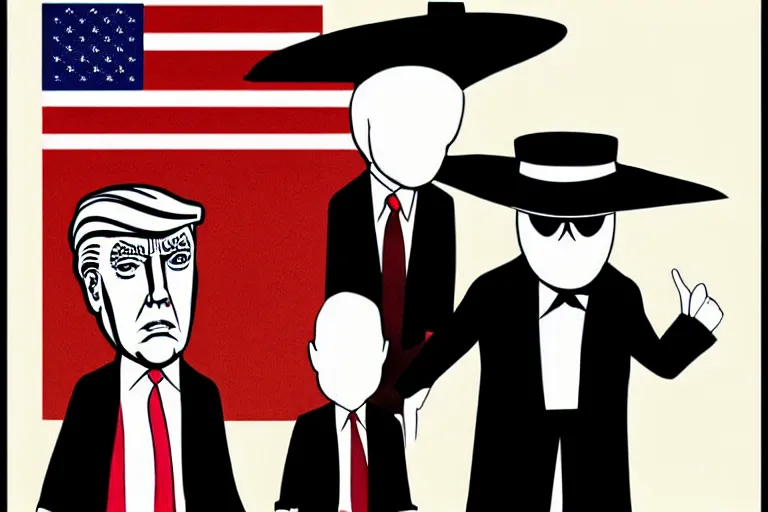 Image similar to poster illustration of donald trump and donald trump wearing trench coats and big black hats starring in spy vs spy