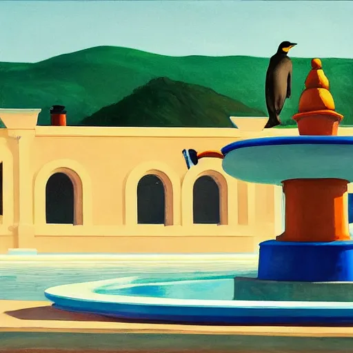 Prompt: a fine art painting of the penguin from planet coaster in a water fountain in the style of edward hopper and wes anderson.