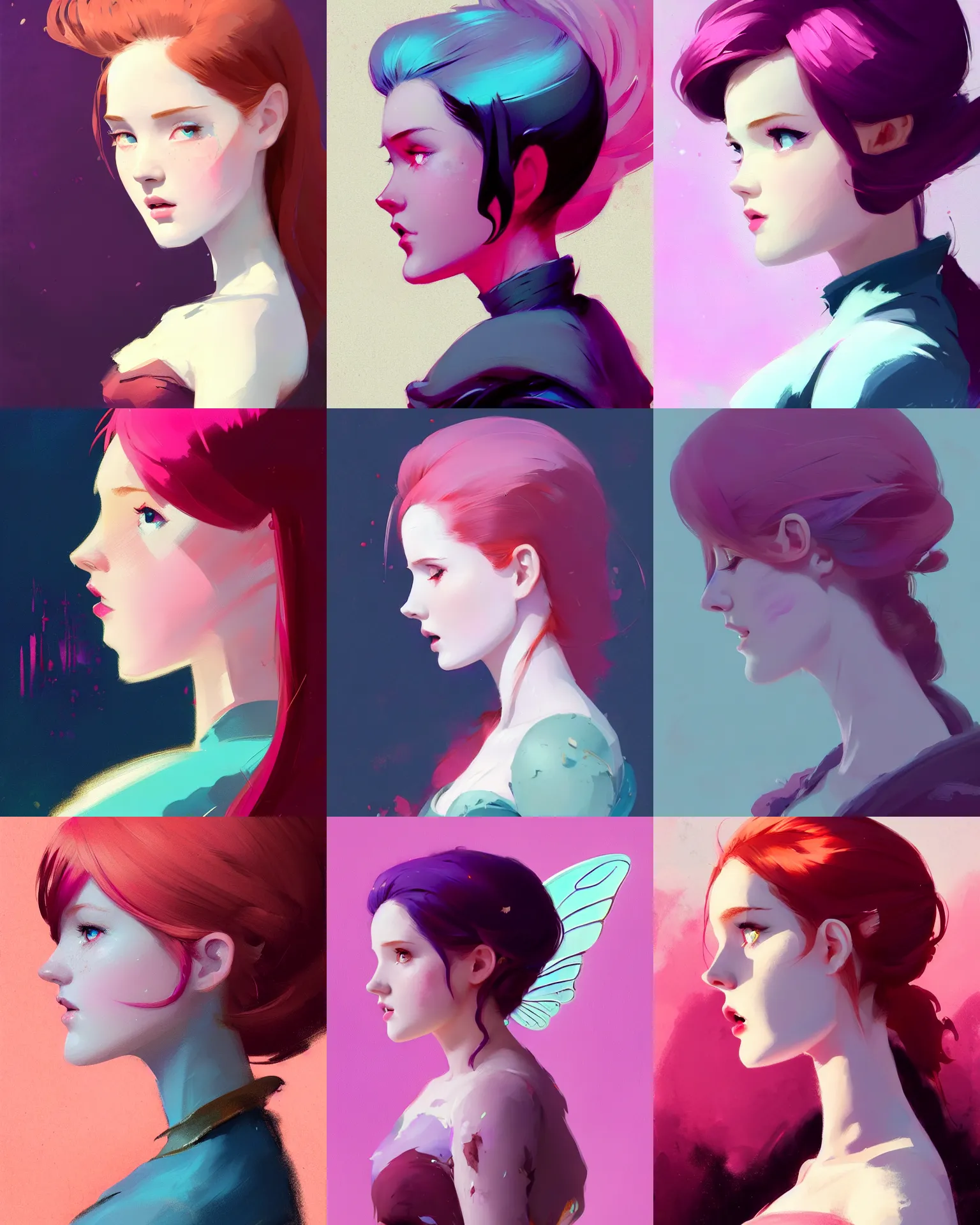 Prompt: medium shot side - profile painted portrait, ellie bamber fairy, smooth, gaudy colors, overlord, matte painting concept art, official fanart behance hd artstation by atey ghailan, by greg rutkowski, by greg tocchini, by james gilleard, by joe fenton, by kaethe butcher, lois van baarle, ilya kuvshinov