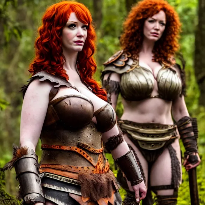 Image similar to full length photograph of a real-life christina hendricks as an amazon warrior, Extremely detailed. 8k