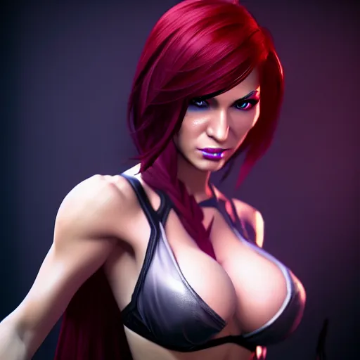 Image similar to Katarina from League of Legends, photorealistic studio portrait, studio lighting, unreal engine 5, hyperrealistic, dynamic lighting, white ambient background, realistic, highly detailed